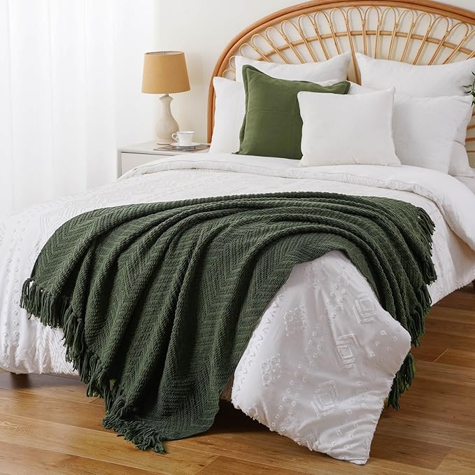 BATTILO HOME Olive Green Chenille Throw Blanket for Bed, Knit Throw Blanket,Super Soft Warm Home Decor Throw Blanket with Tassels for Couch,Sofa and Living Room,50" x 60"