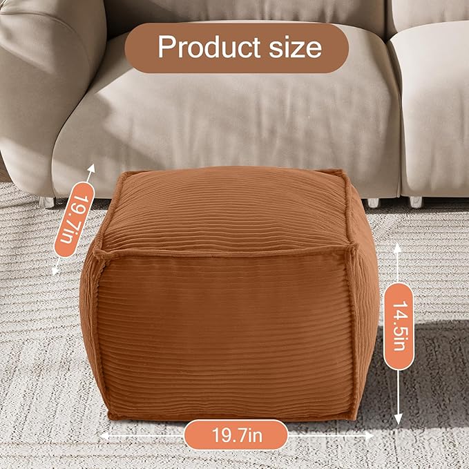 MeMoreCool Square Stuffed Pouf Ottoman Foot Rest, Corduroy Floor Pouf Foot Stool with Foam Chunk Filling, Soft Stuffed Ottoman Footrest for Living Room, Coffee