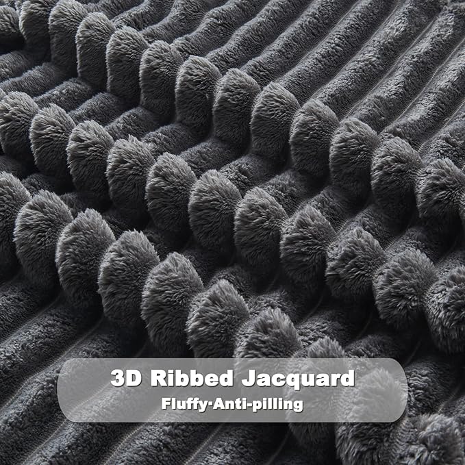 NEWCOSPLAY Super Soft Throw Blanket Grey Premium Silky Flannel Fleece 3D Ribbed Jacquard Lightweight Bed Blanket All Season Use (Grey Ribbed, Throw(50"x60"))