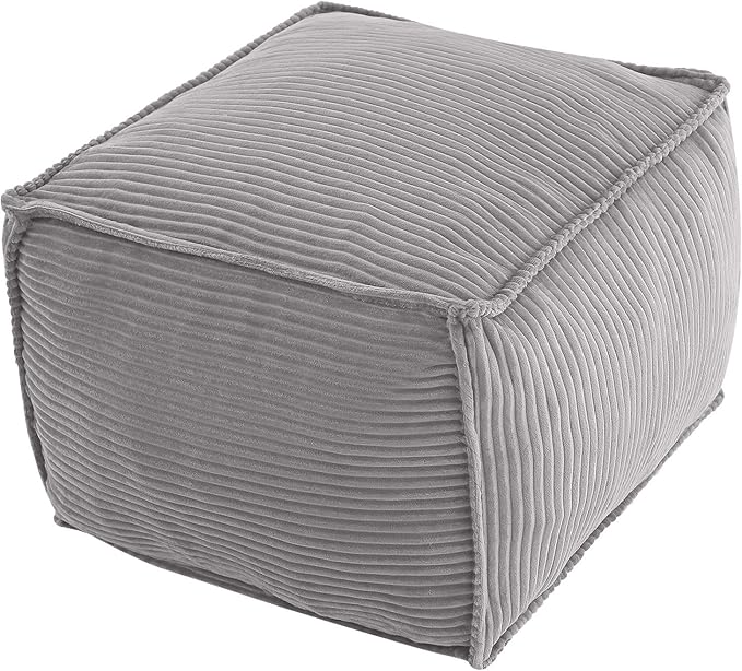 MeMoreCool Square Stuffed Pouf Ottoman Foot Rest, Corduroy Floor Pouf Foot Stool with Foam Chunk Filling, Soft Stuffed Ottoman Footrest for Living Room, Light Grey