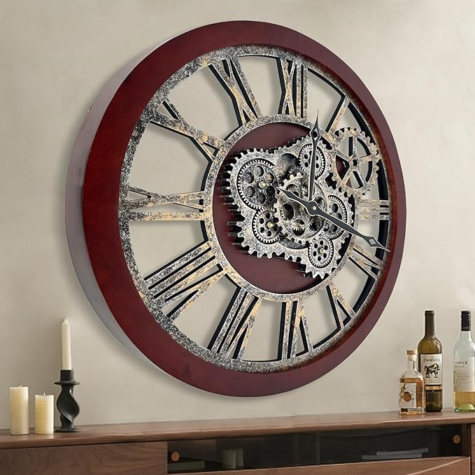 HOIBAI Large Wall Clock, 24 Inch Wall Clocks for Living Room Decor Farmhouse Vintage Rustic Kitchen Wall Decor Vintage Roman Big Oversized Wall Clock for Home Bedroom House Office, Moving Gears Clock