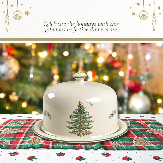 Spode Christmas Tree 2 Piece Serving Platter with Dome Set - Ceramic Holiday Serving Tray for Cakes, Desserts, Side Dishes - Microwave, Oven, Dishwasher Safe Christmas Serveware