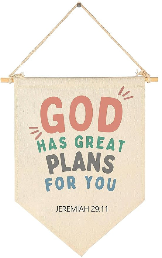 Christian Bible Verses Art-Scripture Flag Sign Gift for Baby Newborn Boys Girls Kids-Banner Wall Decor Gift for Nursery Bedroom Playroom Front Door-Baby Gift Shower-God Has Great Plans for You