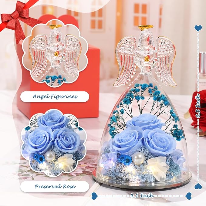 ANWEAO Gifts for Women Christmas Birthday Gifts for Mom Preserved Blue Rose with Lights Forever Flower in Glass Angel Figurines with I Love You Necklace Birthday Gifts for Women Her Mom Wife Grandma