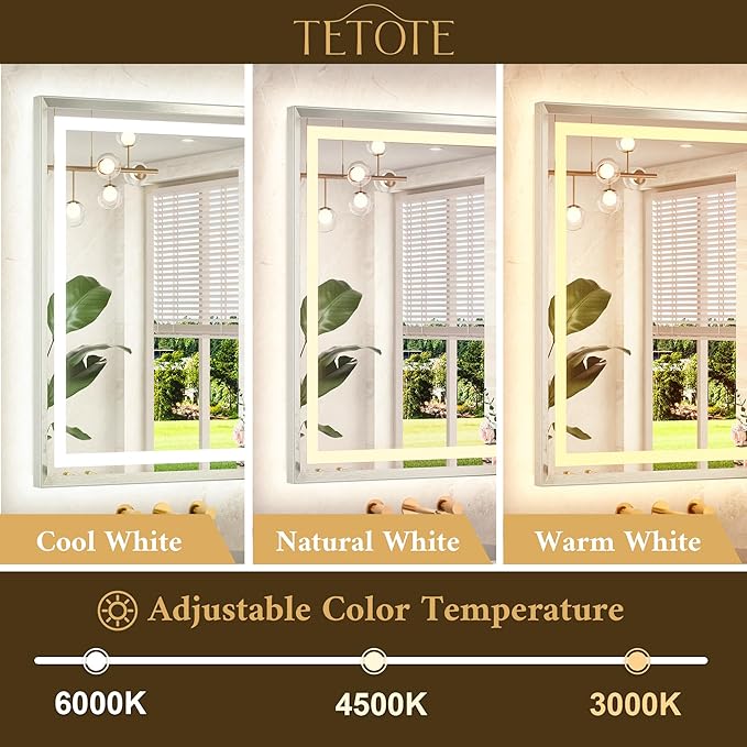 TETOTE 60 x 28 Large Bathroom Mirror Brushed Bright Nickel Metal Frame Frontlit & Backlit Vanity Mirror 3 Colors White/Warm/Natural Stepless Dimmable Anti-Fog Bathroom Mirrors for Vanity Wall-Mounted