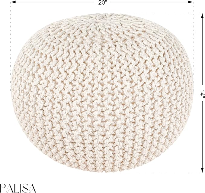 Palisa Round Pouf Ottoman - Ivory, Stuffed Boho Cable Knitted Foot Rest Stool for Couch, Living Room, Outdoor Patio Seat | Hand Woven Chair Pouffs for Kids Bedroom - 20x20x14 Inches