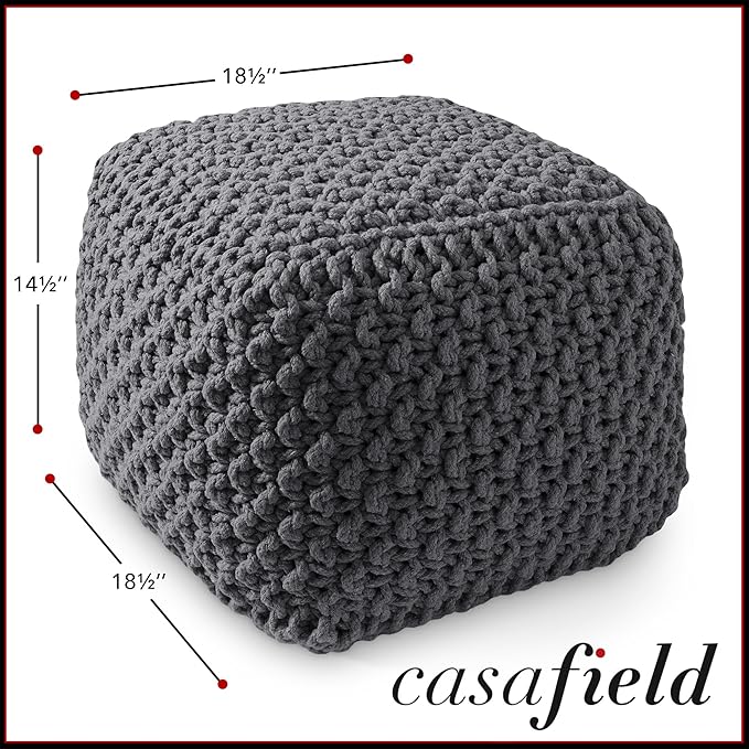Casafield Square Pouf Ottoman, Dark Gray 18.5" W x 18.5" D x 14.5" H Cotton Knit Foot Stool - Boho Floor Pouffe for Living Room, Bedroom, Home Office