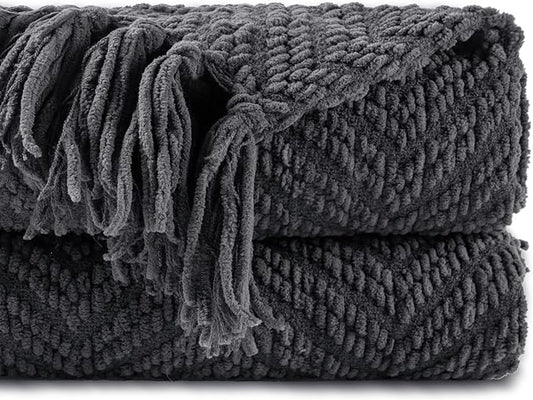 BATTILO HOME Dark Grey Throw Blanket for Couch, Knit Charcoal Throw Blanket Versatile for Chair, 60 x 80 Inch - Super Soft Warm Grey Blanket with Tassels for Bed, Sofa and Living Room