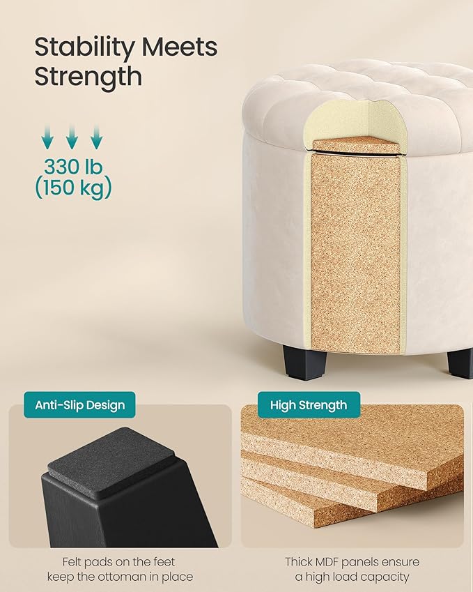 SONGMICS Round Ottoman, Ottoman with Storage, 17.7 x 17.7 x 17.5 Inches, Foot Rest with Legs, Velvet, Load up to 330 lb, for Living Room, Bedroom, Cream White ULOM012W01