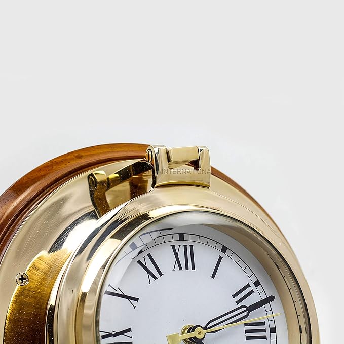 Nagina International Large Nautical Authentic Brass Porthole Clock On Wooden Rosewood Mount | Excellent Quality Nautical Decor for Real Navals (10 Inches)
