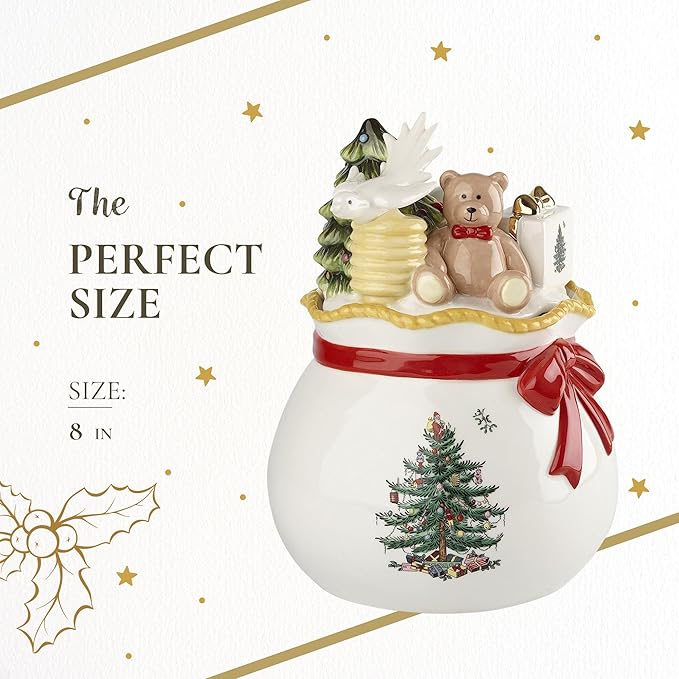 Spode Christmas Tree Candy Bowl with Lid, 8" Fine Earthenware Holiday Treat Storage Jar, Covered Box with Teddy Bear & Tree Motif, Holiday Serveware - Great for Festive Decor & Gifting