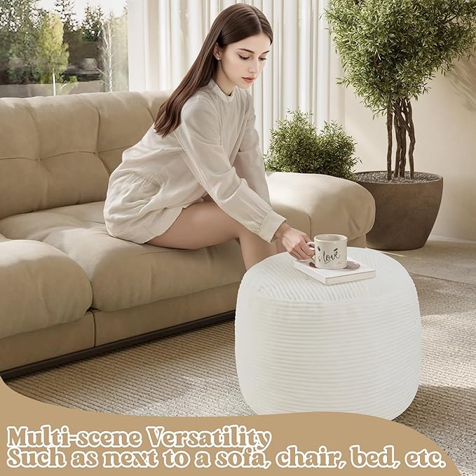 MeMoreCool Stuffed Round Pouf Ottoman Foot Rest, Floor Pouf Foot Stool with Soft Foam Chunk Filling, Round Small Ottoman Footstool Circle Footrest for Couch Living Room, Corduroy Beige