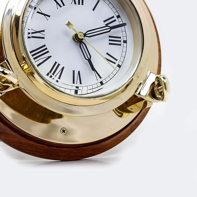 Nagina International Large Nautical Authentic Brass Porthole Clock On Wooden Rosewood Mount | Excellent Quality Nautical Decor for Real Navals (10 Inches)