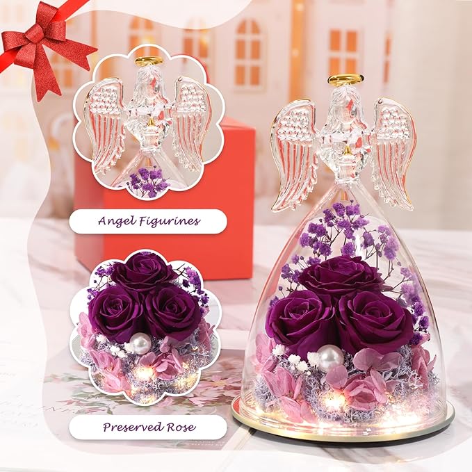 ANWEAO Mothers Day Flower Gifts for Mom,Angel Rose Gifts for Women,Glass Angel Figurine with Preserved Three Purple Roses,Forever Flowers Mothers Day Birthday Gifts for Women Mom Grandma Wife Her