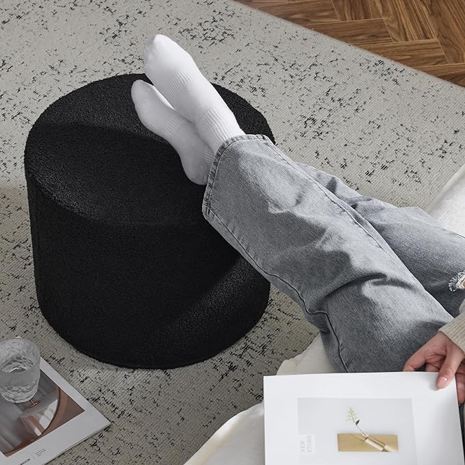 Bezseller Soft Boucle Pouf Ottoman, Comfortable Foot Rest, Full Foam Filling Footstool for Living Room, Bedroom, Lightweight Comfort and Charm Floor Poof Seating Perfect to Rest Your Feet, Black