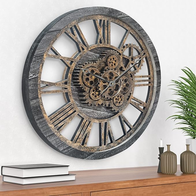 Large Wall Clock, Wall Clocks for Living Room Decor 20 Inch Farmhouse Vintage Rustic Kitchen Wall Decor Vintage Roman Oversized Wall Clock for Home Bedroom House Office, Moving Gears Clock