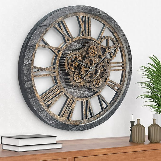 Large Wall Clock, Wall Clocks for Living Room Decor 20 Inch Farmhouse Vintage Rustic Kitchen Wall Decor Vintage Roman Oversized Wall Clock for Home Bedroom House Office, Moving Gears Clock