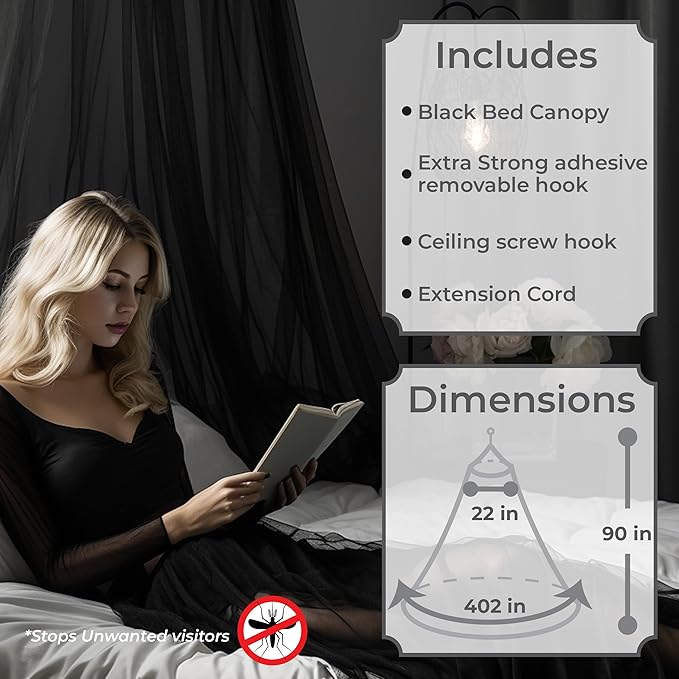 Bollepo Bed Canopy for Adults, Black Canopy Bed Curtains - Canopy for Bed, Netting Room Decor, Ceiling Tent, Canopy for Single, Twin, Full, Queen Size Kids Bed Curtains, Fire Retardant Fabric