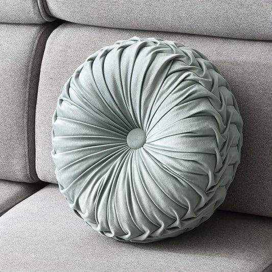 1 Pcs Round Throw Pillow Velvet Home Decoration Pleated 3D Pumpkin Pillow Cushion for Couch Chair Bed Car 14.17" (Mint Green)