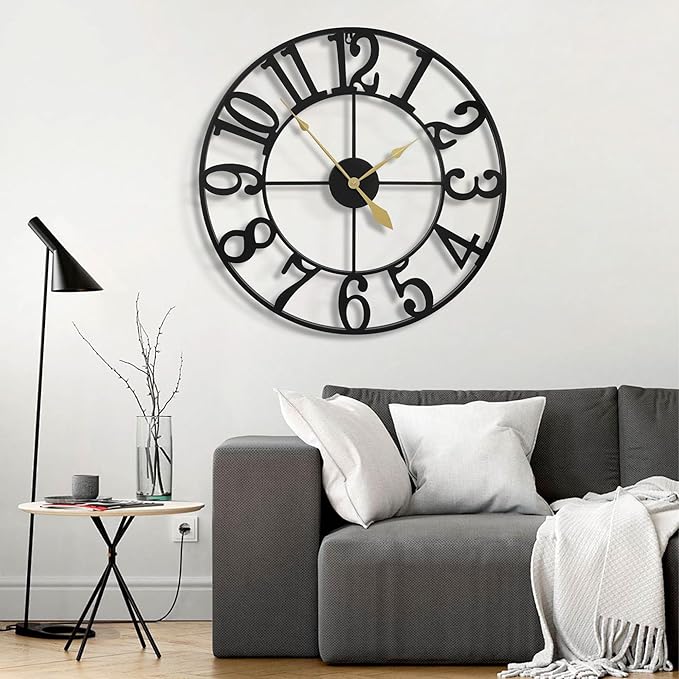 Large Wall Clocks for Living Room Decor, 32 Inch Round Black Metal Silent Non Ticking Battery Operated Jumbo Numerals Modern Vintage Decorative Clock Wall for Bedroom,Kitchen,Office,Farmhouse