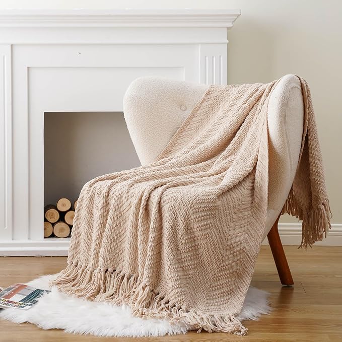 BATTILO HOME Beige Throw Blanket for Couch, Knitted Beige Throw for Bed, Neutral Throw Blankets Tan Throw Blanket for Room Decor Housewarming Gifts, 50" x 60"