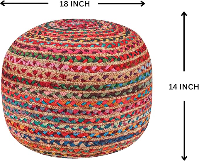 Briaded Round Boho Pouf Ottoman Foot Rest - Poofs/Ottomans Furniture Decor - Circular Ottomans Pouffe for Bedroom - Poufs for Living Room Jute and Cotton - (18"x18"x14")