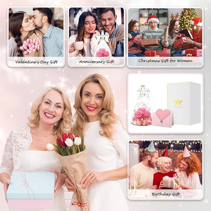 Christmas Angel Gifts for Women Gift for Mom,Preserved Real Rose in Glass Angel Figurines with Angel Necklace,Preserved Flower Birthday Gifts for Women Mom Wife Girlfriend for Thanksgiving Xmas Gift