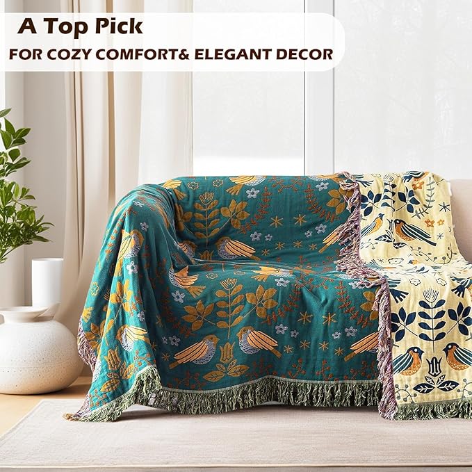 Boho Throw Blanket, 100% Organic Cotton Breathable Ultra Soft 80" x 90" Bed Quilt Throw - Floral Rustic Bird Farmhouse Decor Luxury Reversible Blanket for Sofa Couch Chair and Gift,Teal/Beige