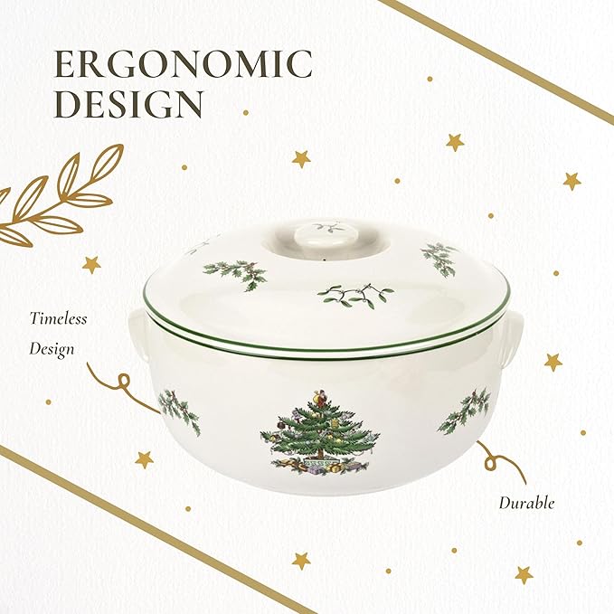 Spode Christmas Tree Round Covered Deep Casserole Dish (8.75" x 5") - Festive Holiday Serveware & Vintage Christmas Table Centerpiece - Fine Earthenware Classic Holiday Bakeware