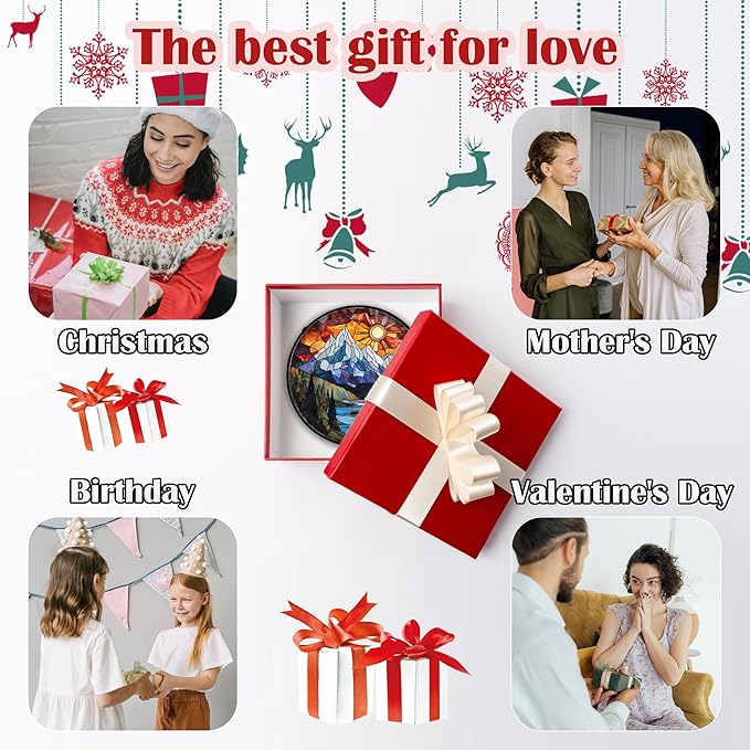 Stained Glass Window Hanging - Colorful Mountain Lake Landscape Sun Catcher for Door Garden Home Decor Suncatcher Christmas Mother's Day Birthday Gifts for Women Men Mom Nana 6.3 in