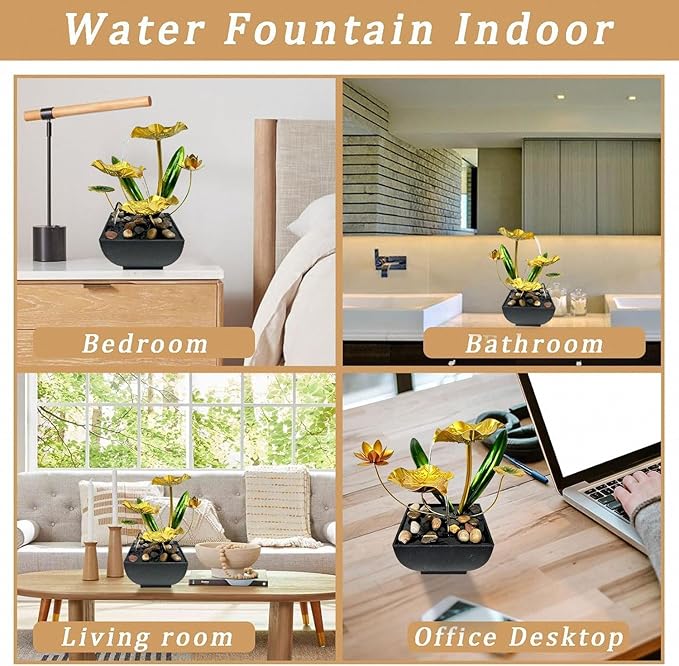 Desk Water Fountain Indoor Tabletop Mini Waterfall 3 Level Lotus Leaf Fountain Flowing Water Landscape Decor for Bedroom, Office, Living Room