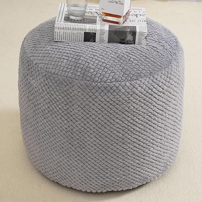 Round Stuffed Pouf Ottoman for Foot Rest, Faux Fur Poufs with Foam Chunk Filling, Storage Ottoman Pouf Foot Stool Cushion Poufs, 26 X 18 Inch Floor Chair for Living Room Bedroom Home Decor, Gray