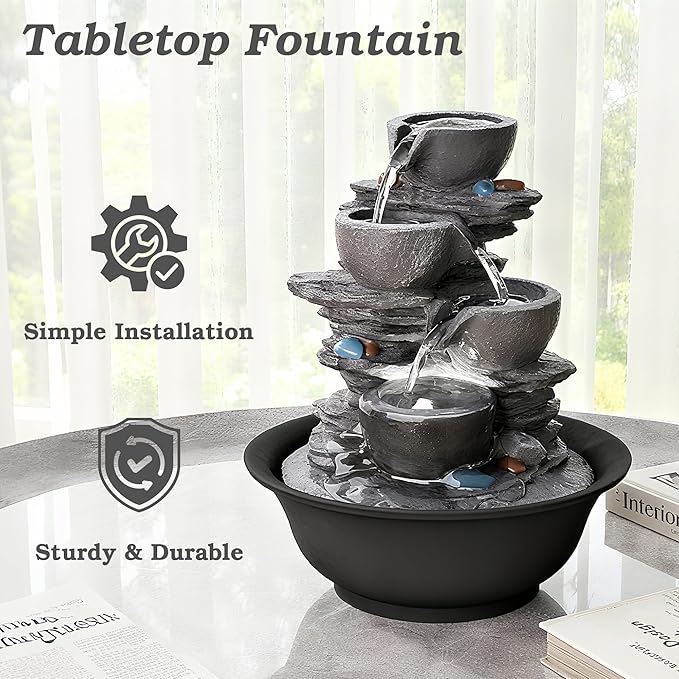 10.6inch Tabletop Fountain, Indoor Waterfall Fountains with LED Light, Realistic Rock Design for Soothing Ambiance in Bedrooms, Living Rooms, Offices, or Meditation Spaces