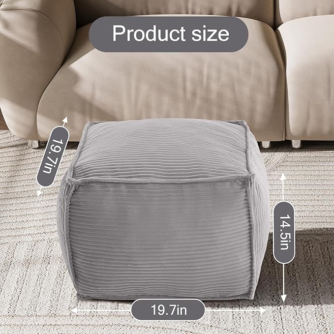 MeMoreCool Square Stuffed Pouf Ottoman Foot Rest, Corduroy Floor Pouf Foot Stool with Foam Chunk Filling, Soft Stuffed Ottoman Footrest for Living Room, Light Grey