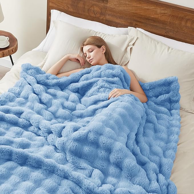 L'AGRATY Faux Fur Throw Blanket: 60" x 80" Luxury Soft Fluffy Rabbit Fur Blankets Twin for Couch Bed Sofa - Cozy Plush Bubble Blankets for Winter: Flannel Fleece Decorative Blanket(Airy Blue)