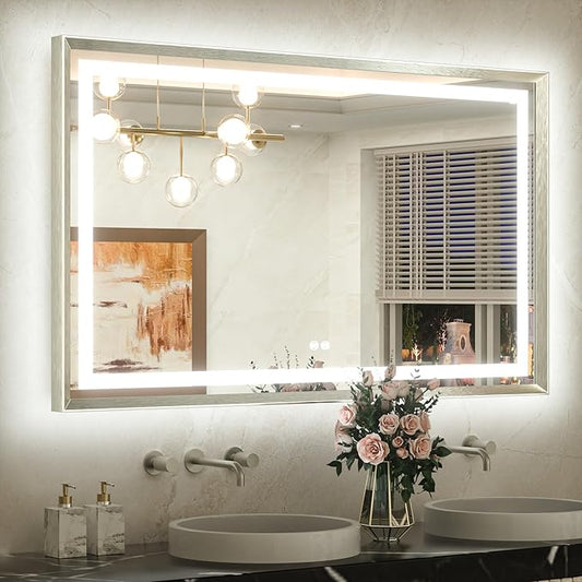 TETOTE 48 x 30 Large Bathroom Mirror Brushed Bright Nickel Metal Frame Frontlit & Backlit Vanity Mirror 3 Colors White/Warm/Natural Stepless Dimmable Anti-Fog Bathroom Mirrors for Vanity Wall-Mounted
