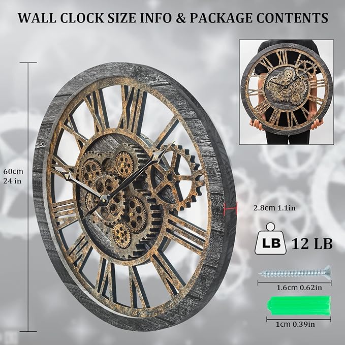 HOIBAI Wall Clock, 24 Inch Moving Gears Clock Large Wall Clock for Living Room Decor Rustic Vintage Industrial Steampunk Farmhouse Big Clock for Home Kitchen Bedroom Office