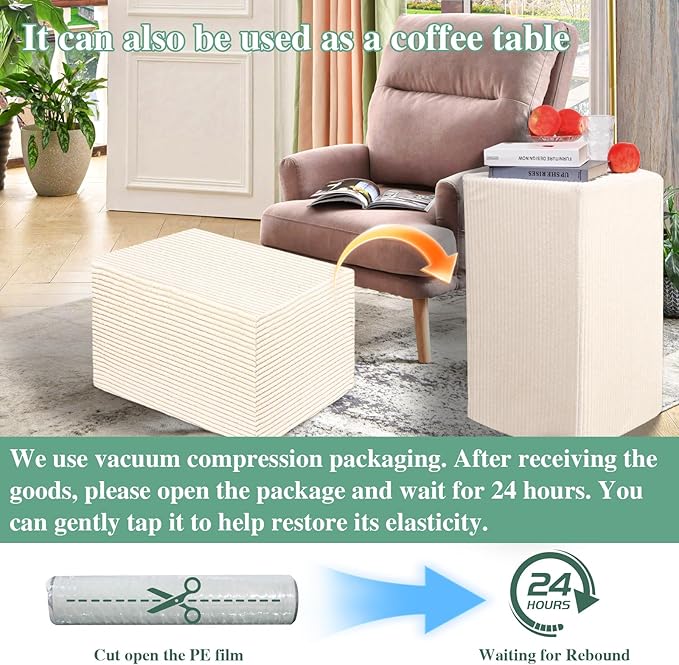 Rectangular Stuffed Pouf Ottoman with Foam Chunk Filling, Coral Fleece and Furry Fabric Design, Multi-Functional Floor Pouf for Living Room, Beige