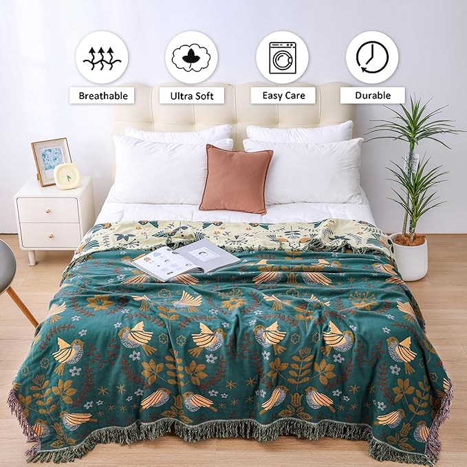 Boho Throw Blanket, 100% Organic Cotton Breathable Ultra Soft 80" x 90" Bed Quilt Throw - Floral Rustic Bird Farmhouse Decor Luxury Reversible Blanket for Sofa Couch Chair and Gift,Teal/Beige