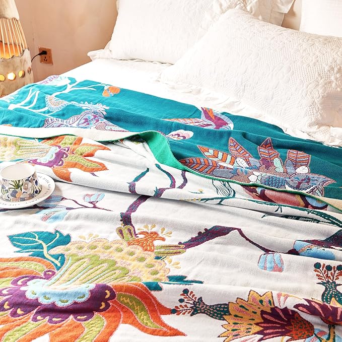 Boho Throw Blanket, 100% Organic Cotton Breathable Skin-Friendly Ultra Soft Bed Quilt Throw - All Season Floral Bird Farmhouse Décor Luxury Blanket for Sofa Couch Chair and Gift. 60" x 80"