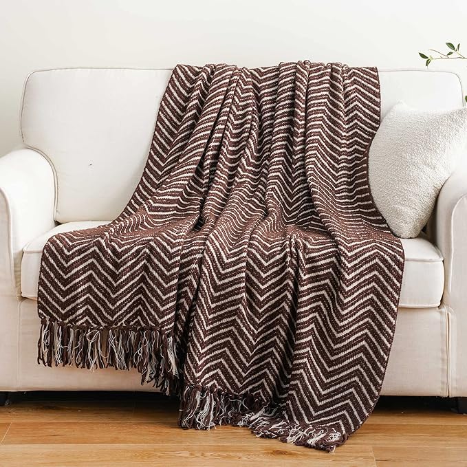 BATTILO HOME Chocolate Brown Throw Blanket for Couch, Decorative Knit Dark Brown Blanket for Bed, Super Soft Warm Throw for Fall Winter Accent Decor, 50''x60'', Chocolate/Cream