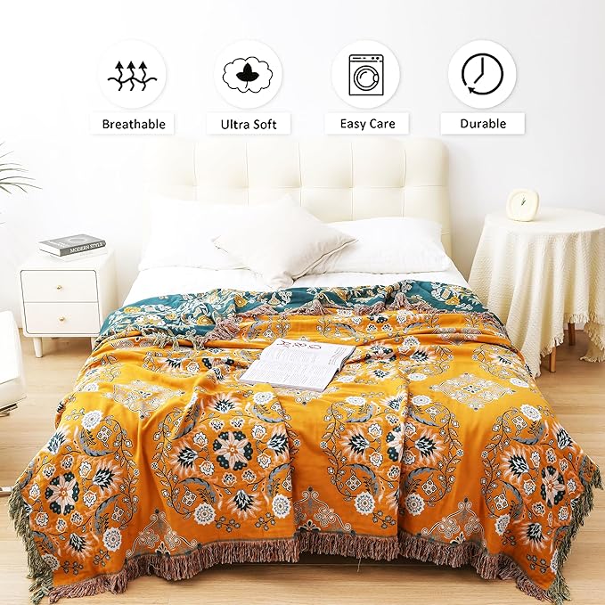 Boho Throw Blanket, 100% Cotton Soft Sofa Bed Queen Throw-Floral Farmhouse Decor Blanket, Reversible Bohemian Yellow Throw for Chair Couch Quilt and Gift, 80" x 90"