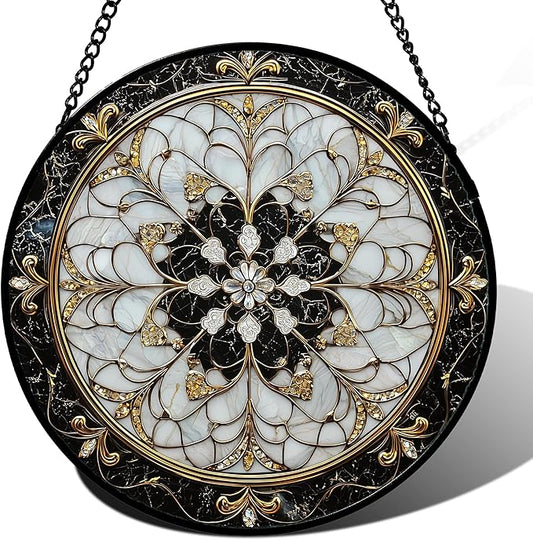 Stained Glass Window Hanging, Black and White Gold Boho Pattern Suncatcher for Doors Window Home Abstract Flower Sun Catchers Decor Mother's Day Birthday Gifts for Women, Men Mom 11.8 in