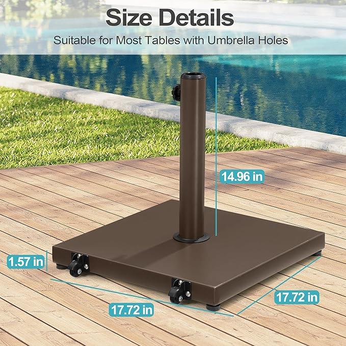 Patio Umbrella Base 40lbs Outdoor Umbrella Stand with Wheels, Heavy Duty Square Concrete Stand Market Umbrella, Brown