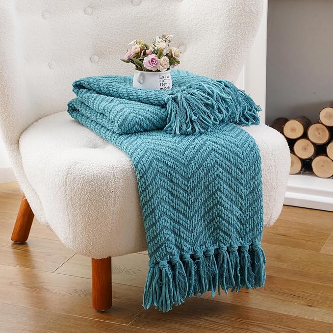 BATTILO HOME Teal Throw Blanket for Couch, Knit Woven Turquoise Blanket Versatile for Chair, Super Soft Warm Decorative Blanket with Tassels for Bed, Sofa and Living Room, 60" x 80"