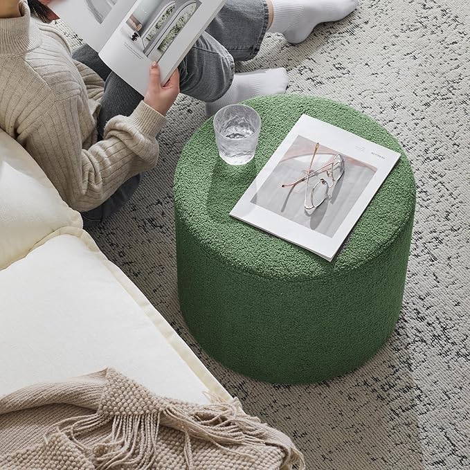 Bezseller Soft Boucle Pouf Ottoman, Comfortable Foot Rest, Full Foam Filling Footstool for Living Room, Bedroom, Lightweight Comfort and Charm Floor Poof Seating Perfect to Rest Your Feet, Green