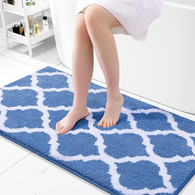 OLANLY Bathroom Rugs 44x24, Soft and Absorbent Microfiber Bath Rugs, Non-Slip Shaggy Shower Carpet, Machine Wash Dry, Bath Mats for Bathroom Floor, Tub and Shower, Blue