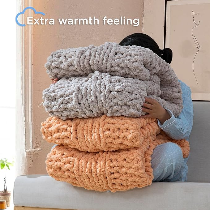 Chunky Knit Blanket Throw - 100% Hand Knitted Chunky Soft Throw Blanket for Couch, Thick and Warm Blanket for Winter, Light Yellow, 40x50 Inches