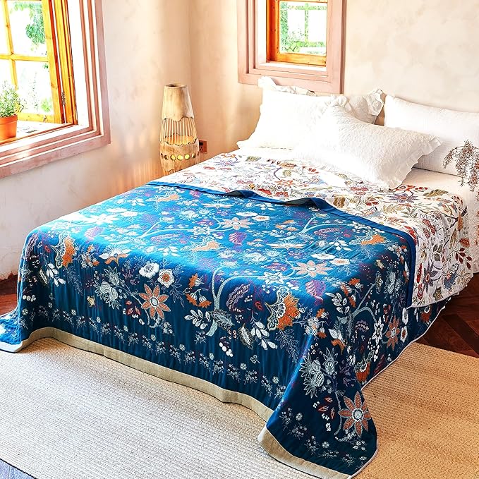 Boho Throw Blanket, 100% Organic Cotton Breathable Skin-Friendly Ultra Soft Bed Quilt Throw - All Season Floral Farmhouse Décor Luxury Blanket for Sofa Couch Chair and Gift. 50" x 60"