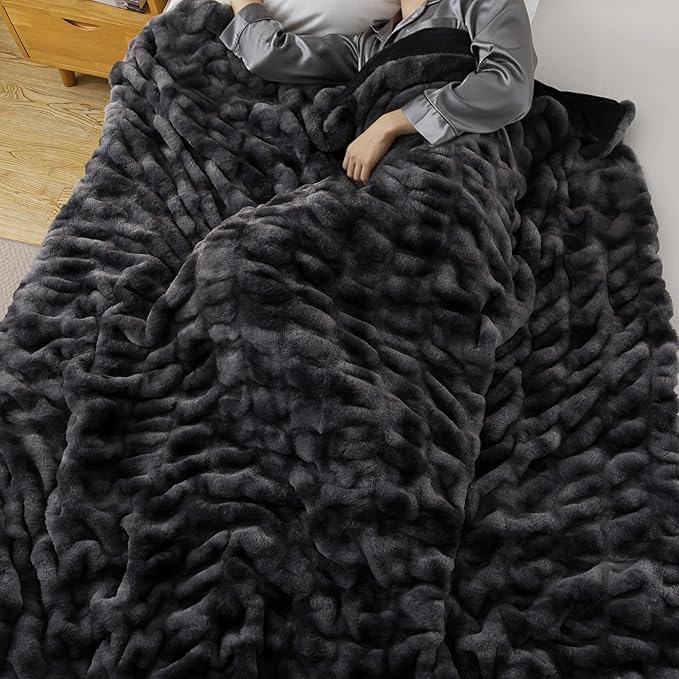 WDCOZY Ruched Faux Fur Throw Blanket Soft Cozy Fluffy Luxurious Blankets Couch Bed Sofa Chair Home Decor Warm Furry Fall Winter Plush Rabbit Fur Bubble Blanket 60" x 80", Dark Grey